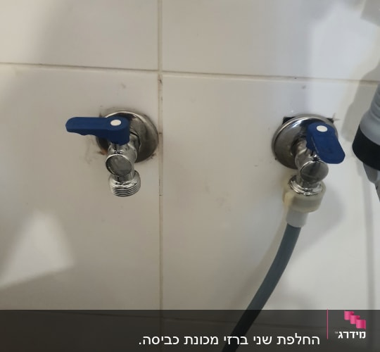 שני ברזים עם ידיות כחולות על קיר לבן